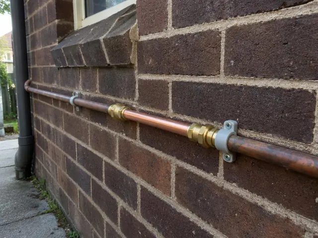 Repaired copper water pipe on an exterior brick wall with brackets and fittings in Cabarita