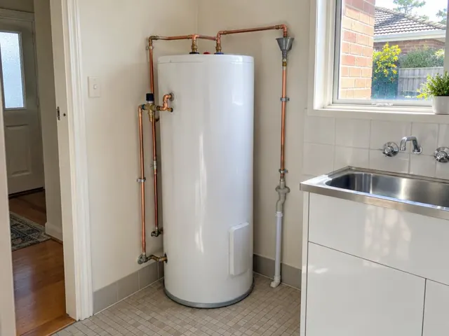 White hot water tank beside a sink in a tiled laundry room in Concord
